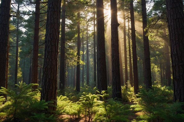 La luce del sole scorre attraverso il baldacchino della foresta di pini