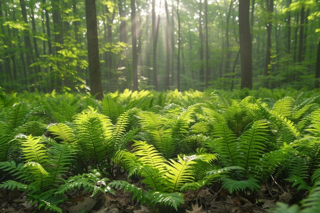 La luce del sole scorre attraverso una foresta verde vibrante
