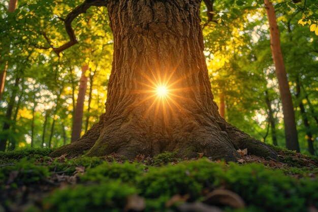la luce del sole splende attraverso i rami di un albero verde