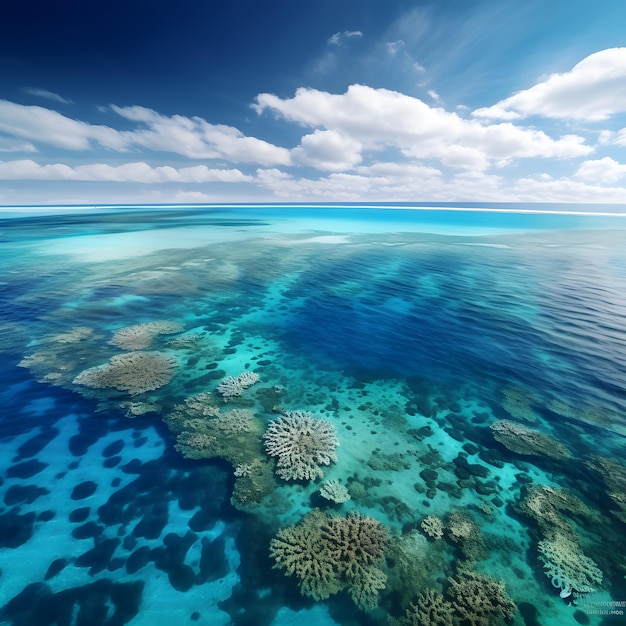 La luce del sole splende sulla superficie e sotto l'oceano blu le onde del mare con acque pulite in estate