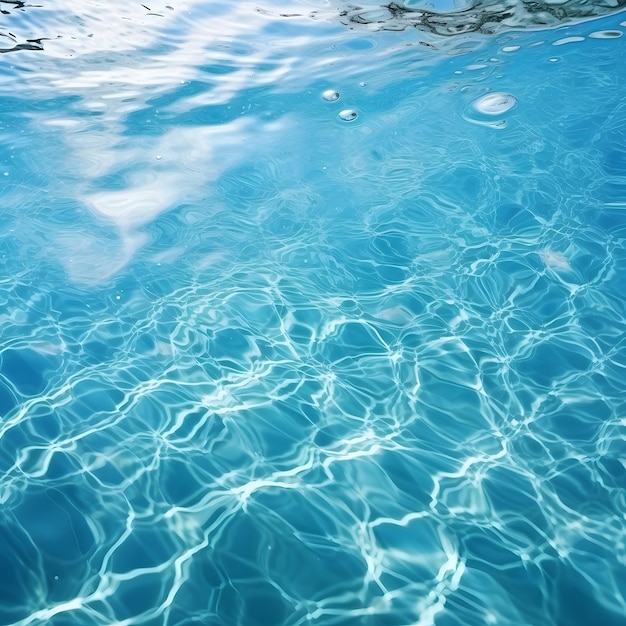 La luce del sole splende sulla superficie e sotto l'oceano blu le onde del mare con acque pulite in estate