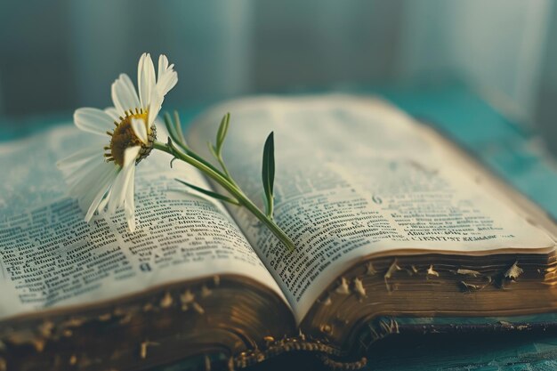 La luce del sole su Open Bible e Cosmea Flower