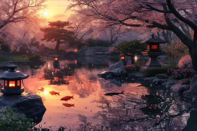La luce del tramonto in un pacifico padiglione giapponese vicino a uno stagno di koi splendente