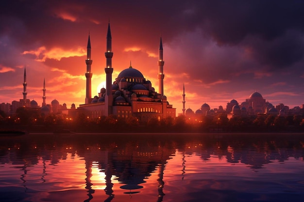 La luce del tramonto sulla facciata della moschea e sui minareti