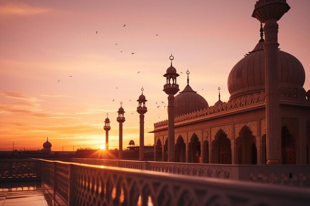 La luce del tramonto sulla facciata della moschea e sui minareti