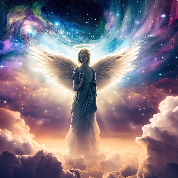 La luce dell'angelo custode veglia su di te, un paio di ali d'angelo dorate con una luce brillante tra loro