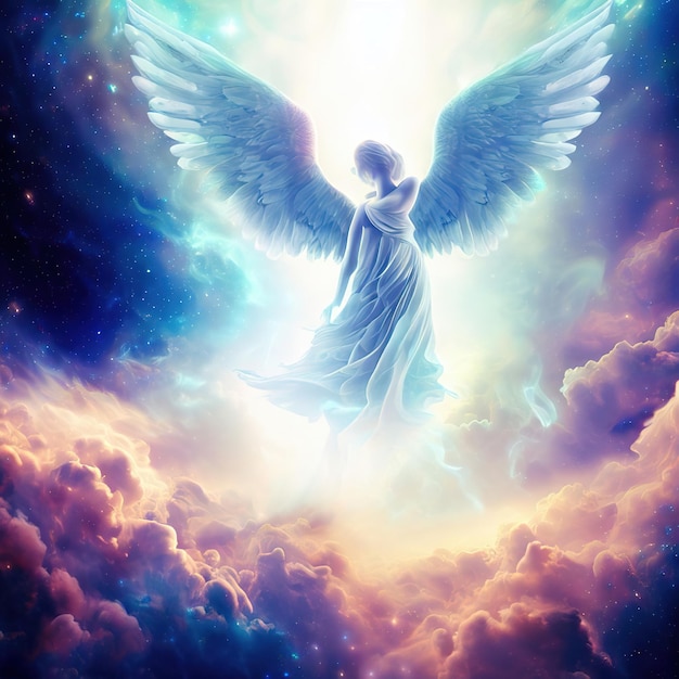 La luce dell'angelo custode veglia su di te, un paio di ali d'angelo dorate con una luce brillante tra loro