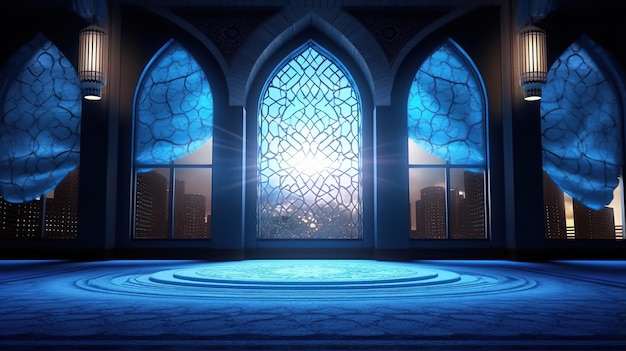 La luce della luna di colore blu splende attraverso la finestra all'interno della moschea islamica con motivo arabo