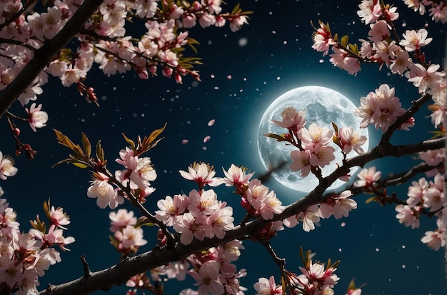 La luce della luna splende attraverso i rami di un fiore di ciliegio