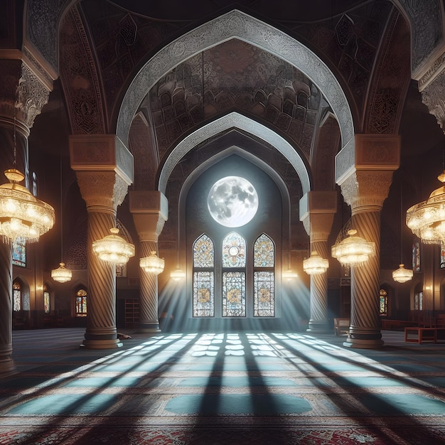 La luce della luna splende attraverso la finestra nell'interno della moschea islamica