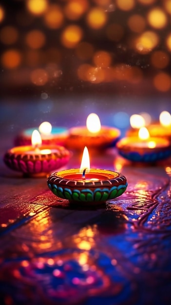 La luce delle candele della festa di Diwali Diwali affilata Le lampade di Diya accese su rangoli colorati