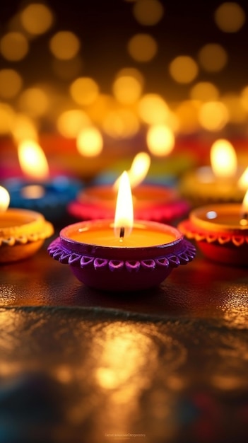 La luce delle candele della festa di Diwali Diwali affilata Le lampade di Diya accese su rangoli colorati