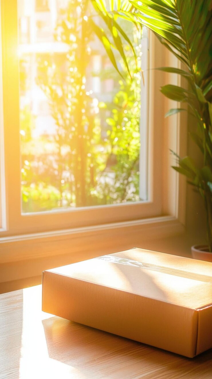 La luce dorata del sole che scorre attraverso la finestra evidenzia un pacco poggiato su un tavolo di legno