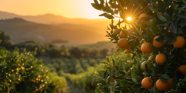 La luce dorata del sole filtra attraverso un aranciero al tramonto. Il paesaggio sereno del frutteto cattura l'essenza della tranquillità. Perfetto per l'arredamento e la pubblicità.