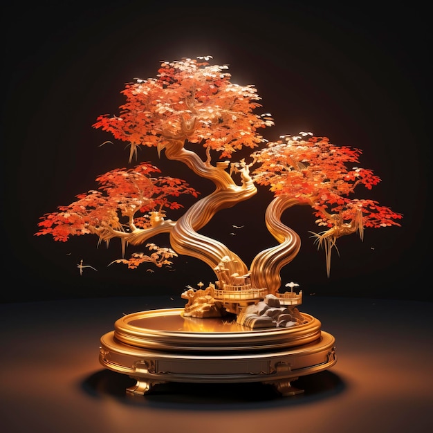 la luce dorata di un albero bonsai circondato da foglie arancioni in cima nello stile di sketchfab del