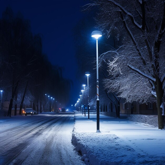 La luce illuminata della strada brilla nella buia notte invernale