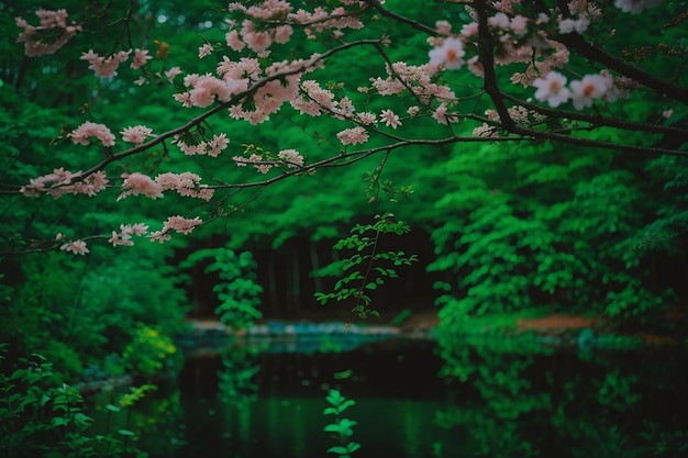 La luce serale splende sull'erba verde e sui fiori dei campi