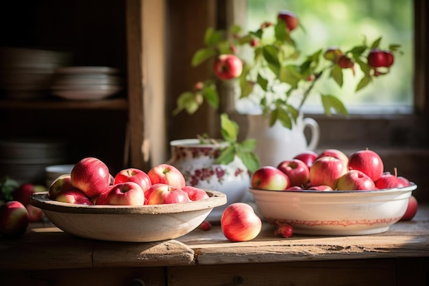 La luce solare calda bagna un tavolo di legno con mele mature in una serena cucina di campagna perfetta per un
