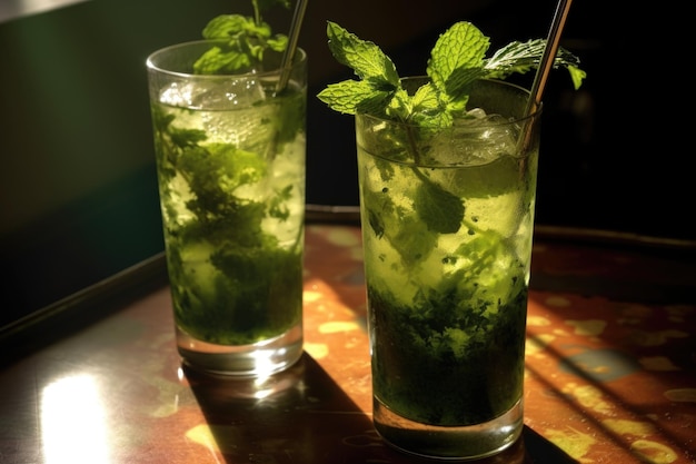 La luce solare che splende attraverso gli occhiali mojito proiettando ombre create con l'AI generativa