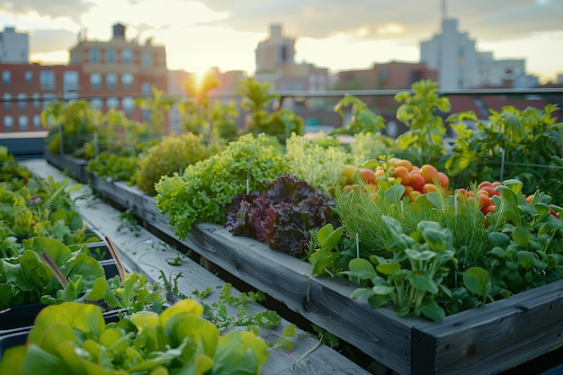 La luce solare dell'ora d'oro bagna un giardino urbano commestibile su un tetto creando un'atmosfera calda e invitante