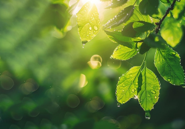 La luce solare filtra attraverso le foglie verdi punteggiate di gocce d'acqua proiettando raggi di luce in una tranquilla scena forestale