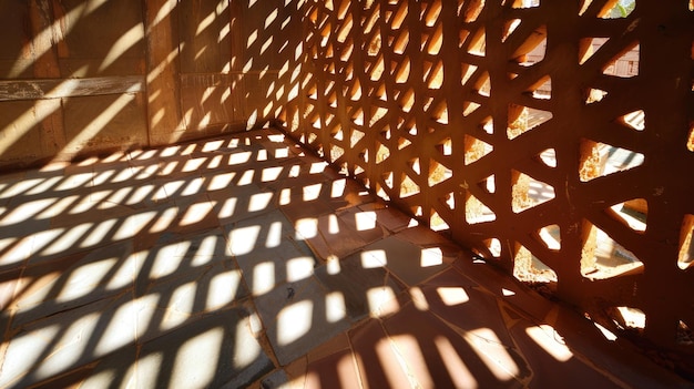 La luce solare proietta ombre attraverso un reticolo di legno La luce solare calda si filtra attraverso un retice di legno creando un modello di ombre intricate su un pavimento di piastrelle in un ambiente tranquillo