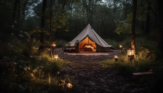 La luminosa tenda a cupola illumina la tranquilla notte della foresta generata dall'intelligenza artificiale