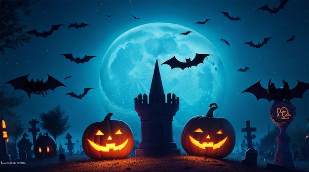 La luna della notte di Halloween con zucche luminose castello vintage e pipistrelli che volano sopra