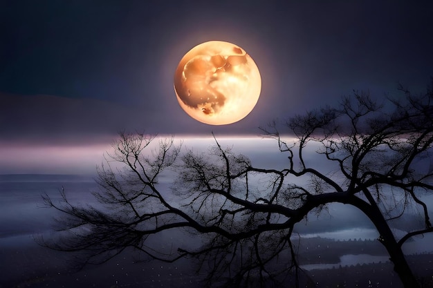 La luna mentre sbircia attraverso i rami di un albero