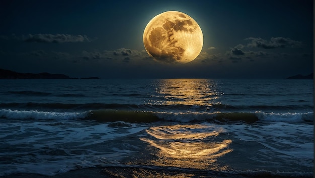 La luna piena che sorge sopra l'oceano oscuro Una luna piena luminosa splende sopra l' oceano