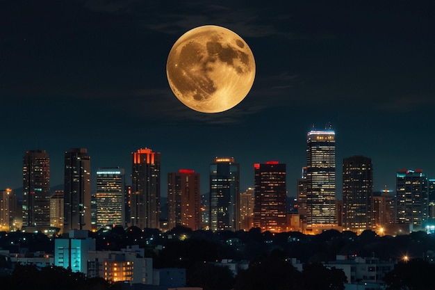 La luna piena che tramonta dietro un paesaggio urbano