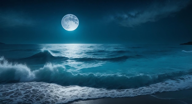 La luna piena del paesaggio dell'oceano notturno e le stelle brillano