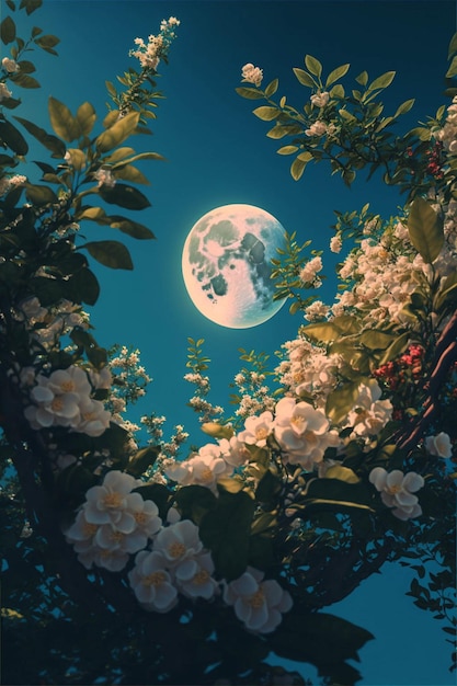 La luna piena è vista attraverso i rami di un albero generativo ai