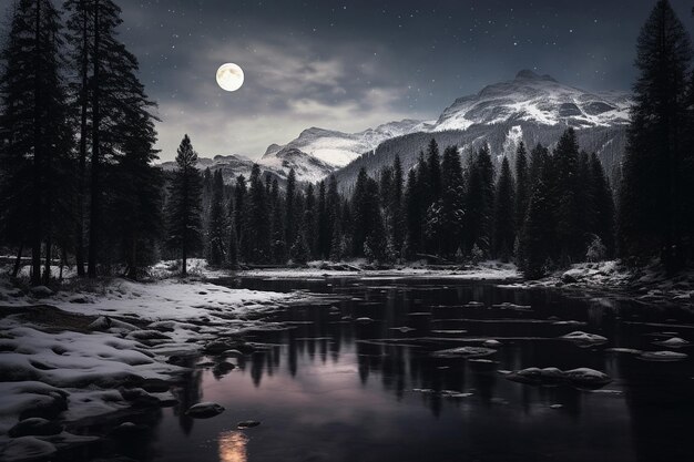 La luna piena si riflette su un lago di montagna innevato