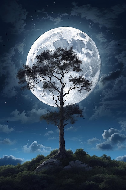 La luna piena sul bellissimo cielo con albero