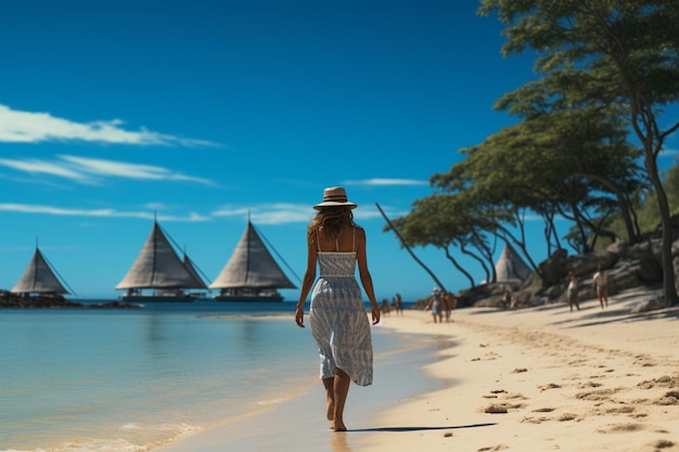 La lussuosa donna di fuga caraibica cammina sul perfetto sogno di una vacanza estiva sulla spiaggia