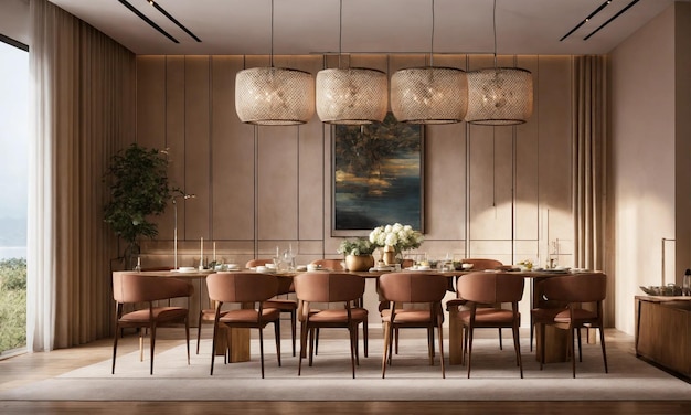 La lussuosa sala da pranzo minimale cattura l'equilibrio perfetto tra decorazione moderna e arte senza tempo.