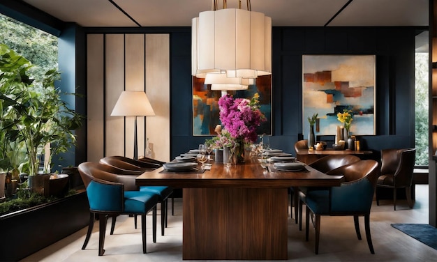La lussuosa sala da pranzo minimale cattura l'equilibrio perfetto tra decorazione moderna e arte senza tempo.