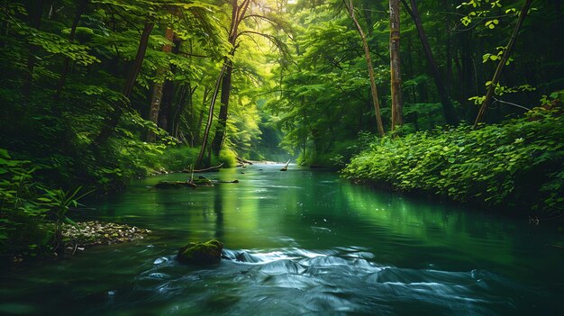 La lussureggiante foresta verde è piena di vita il fiume scorre nel mezzo riflettendo la bellezza degli alberi e delle piante che la circondano