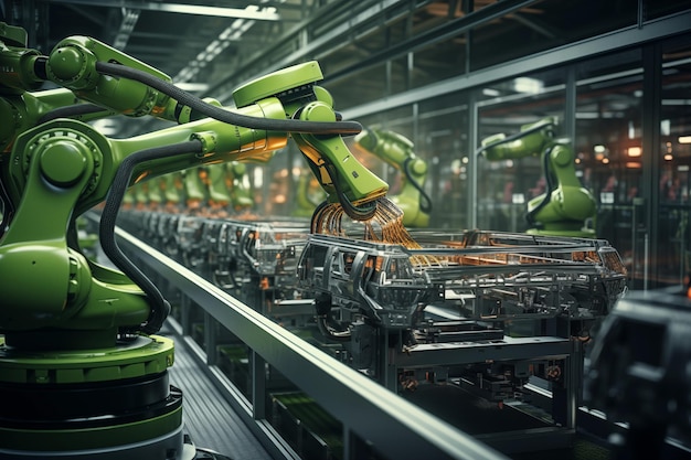 La macchina a braccio automatico robotico lavora su una linea di assemblaggio in una fabbrica industriale intelligente ai