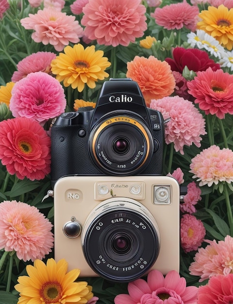 La macchina fotografica circondata da fiori colorati