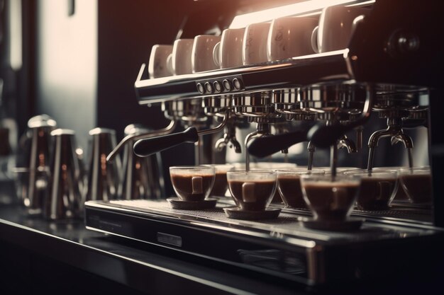 La macchina per caffè espresso eroga il caffè in tazze su espressor in acciaio inossidabile con intelligenza artificiale generativa