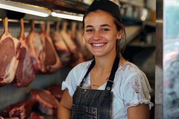 La macellaia sorridente davanti al display della carne generato dall'AI