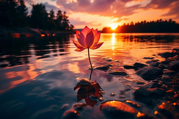 La macrofotografia cattura un epico tramonto su un lago panoramico