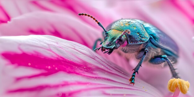 La macrofotografia vivace cattura un insetto colorato su un petalo rosa, piccole meraviglie della natura da vicino, ideale per la scienza e l'arte.