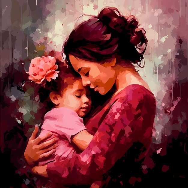 La madre abbraccia dolcemente sua figlia in acquerello dipinto in toni rosa con fiori