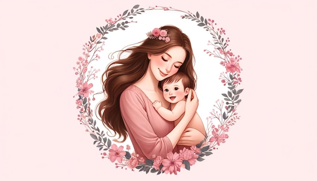 La madre abbraccia il bambino con una ghirlanda rosa