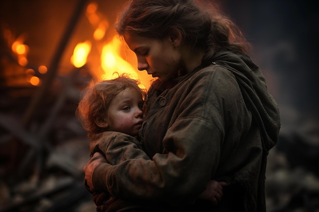 la madre abbraccia il suo bambino spaventato e disperato in una città devastata dalla guerra con fiamme di fuoco