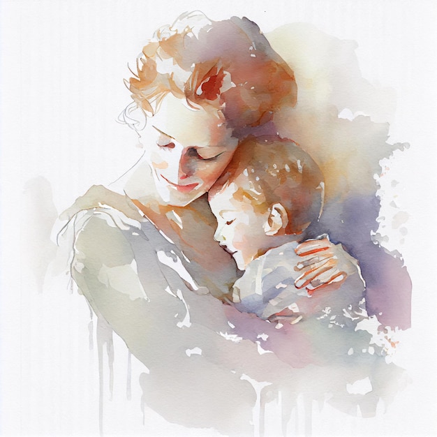 La madre che abbraccia il piccolo figlio ama i morbidi colori pastello con pennellate delicate spruzzi d'acquerello