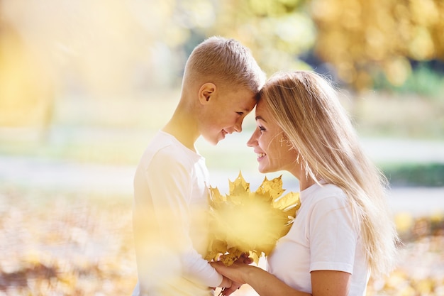 La madre con il figlio riposa in un bellissimo parco autunnale durante la giornata di sole.